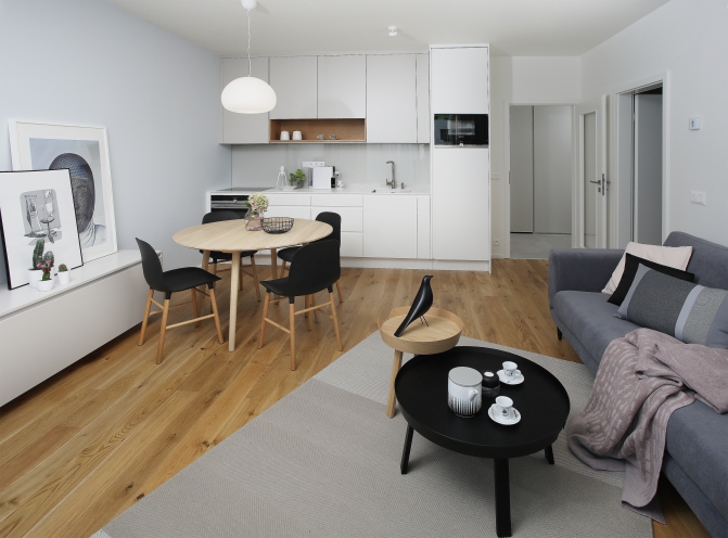 bytu 2kk v lehce skandinávském pojetí dominuje švédská dubová podlaha, jemně šedé stěny a bílý matně lakovaný nábytek 