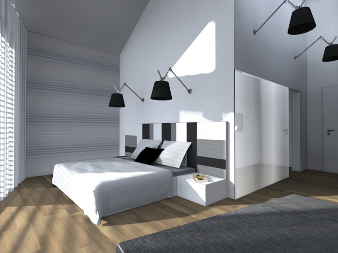 zatímco v kuchyni budou svítit krásné Shadow od českého výrobce Brokis a designérky Lucie Koldové, v ložnici pak ikonické lampy Tolomeo od Artemide
