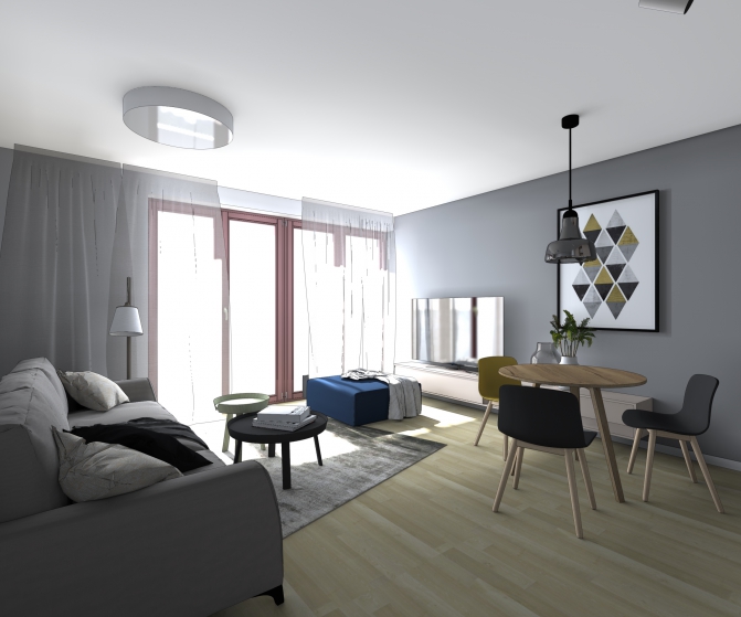 Hlavní obytný prostor s terasou je variabilní. Nad kulatým jídelním stolem visí lampa Shadows XL od milovaných Brokis. Židle Form od Norman Copenhagen.